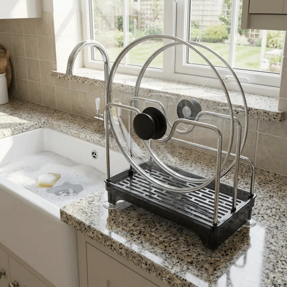 

Stainless Steel Pot Lid Rack Detachable Space Saving Pot Cover Shelf with Drain Pan Stable Cutting Board Holder