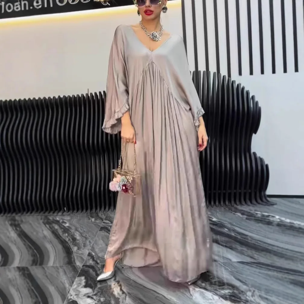 Elegante satijnen maxi-jurken voor dames 2025, herfst, casual losse jurk met V-hals en lange mouwen