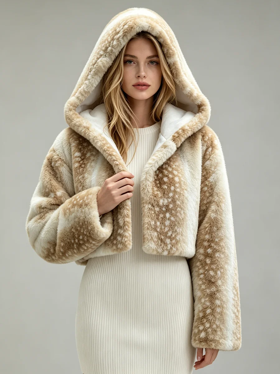 LIMO Women Deer Print Hooded Faux Fur  Fluffy Plush Coat Winter Warm Casual Furry Outerwear