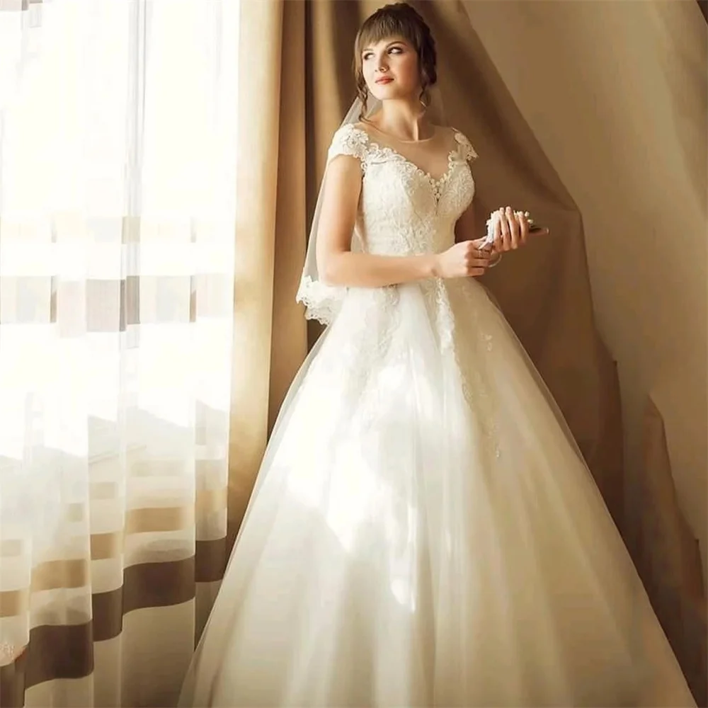 Robe de mariée col rond en dentelle, manches cape en Tulle, longueur au sol, magnifique, sur mesure, nouveauté