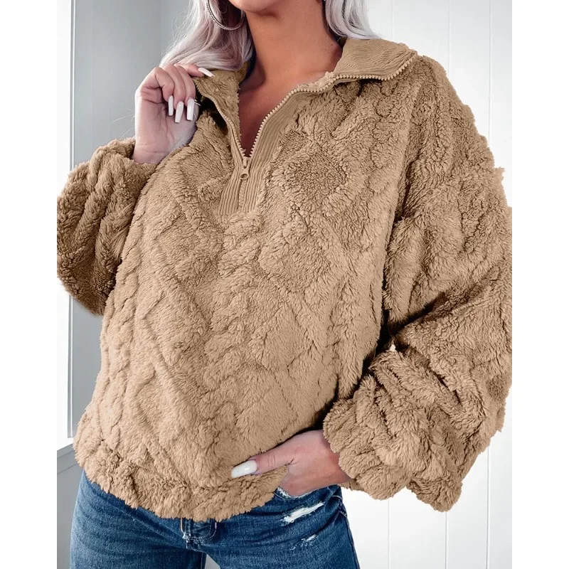 S-XXL جديد المرأة الخريف/الشتاء موضة بلون تحذير البلوفرات السيدات نصف سستة عادية كم طويل شعر هوديي