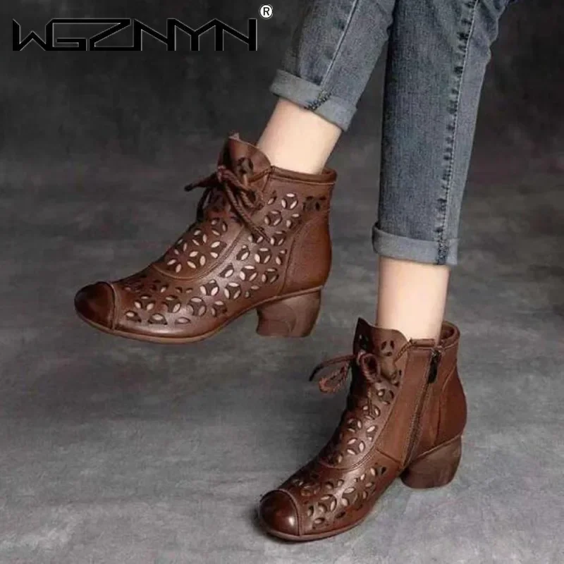 Brand Retro Style Soft Leather Women Boots NEW Summer Mid Heels Sandals Shoes Side Zip Female Footware Black Brown Dropshipping