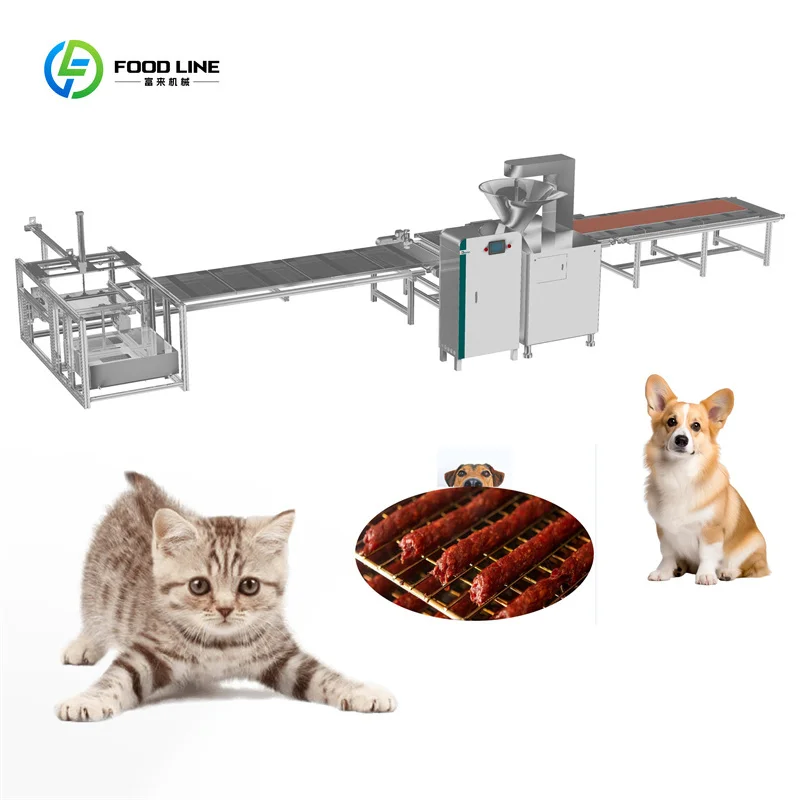 خط تجهيز اللحوم SS304 الأوتوماتيكي الكامل آلة بثق أغذية الحيوانات الأليفة أداة ستوفير السجق نظام إنتاج يعامل متشنج