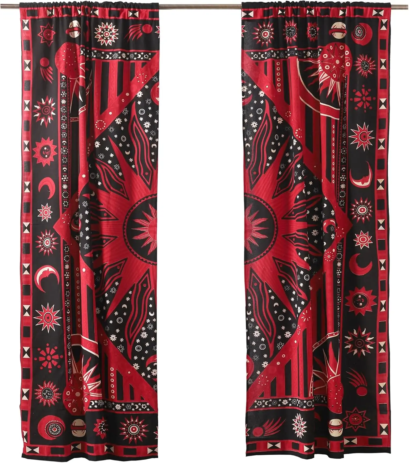 Bohemian Tribal Red and Black Pattern Curtains Pair Decorative Window Drapes Sunlight Blocking Modern Ethnic Style Home Decor