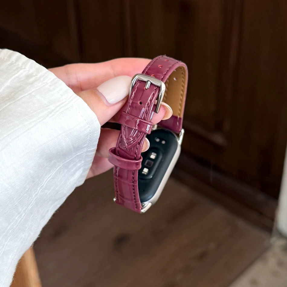 Strap For Xiaomi Mi Band 10 9 8 Pro Fashion Bamboo Grain Patent Leather Slim Watch Band For Miband 8Pro 9 Pro Bracelet Wristband