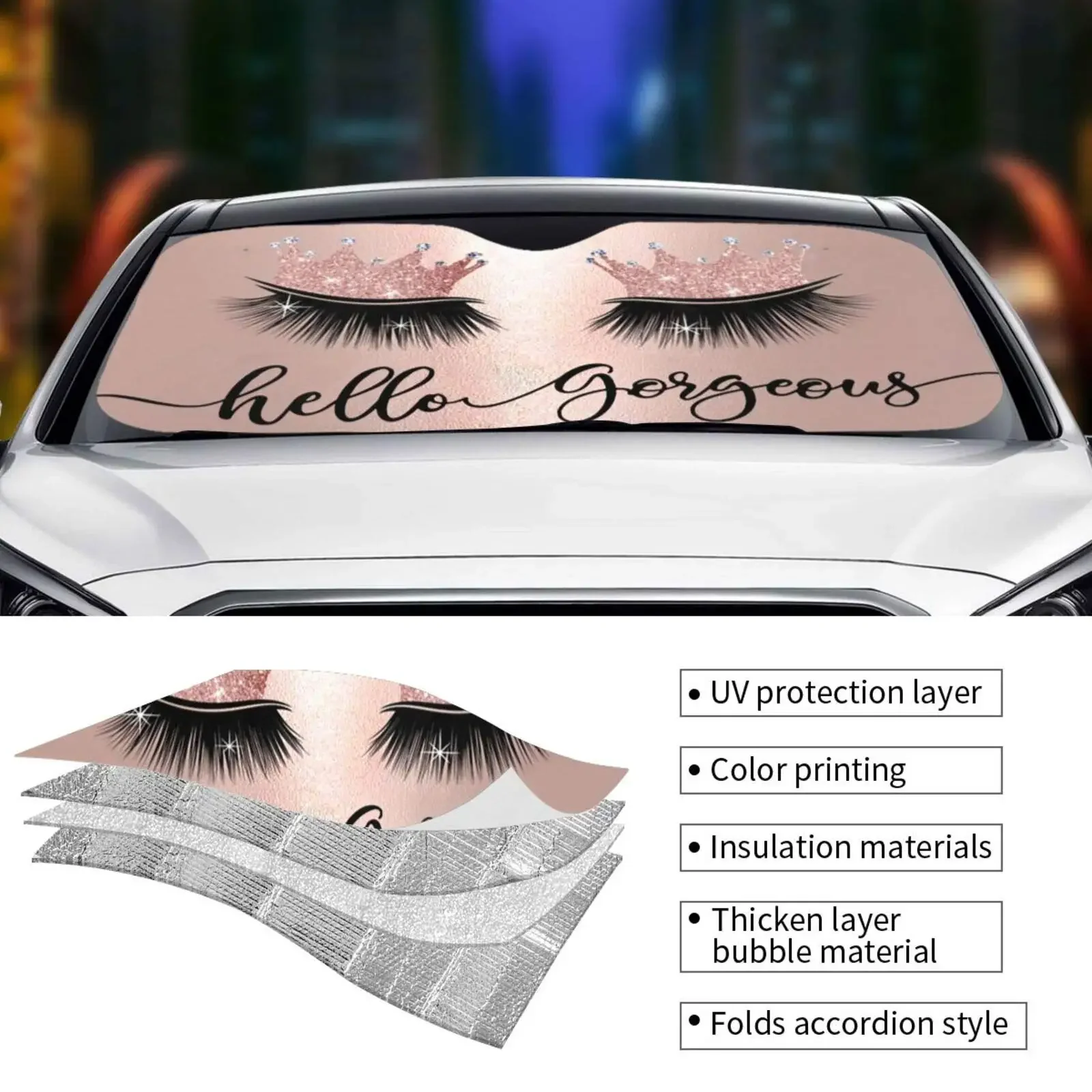 Pink Crown Eyelash Front Window Sun Shades, Folding Block UV Rays Sun Visor Protector, Sun Shield Cute Auto Accessories