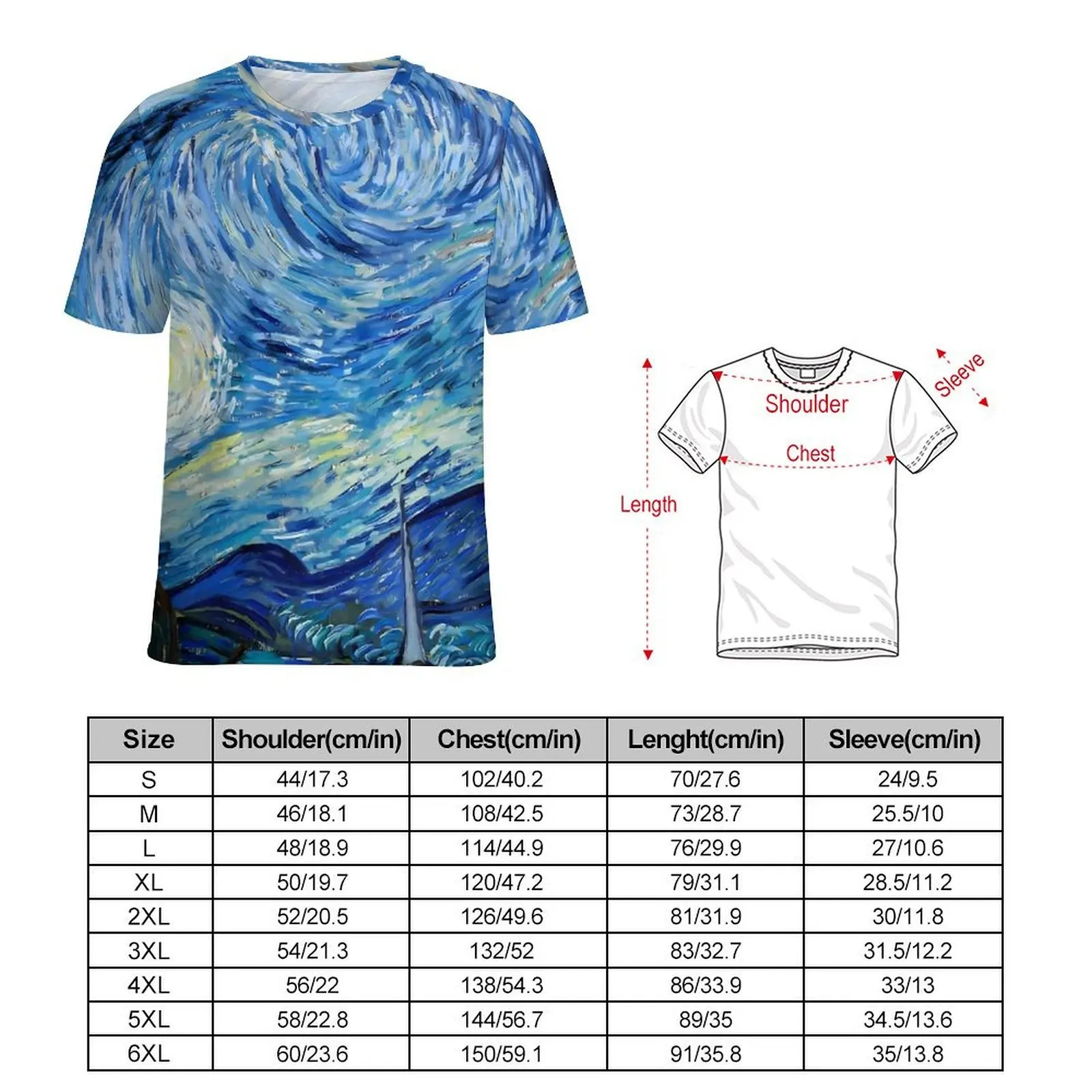 Van Gogh Oil Painting T-Shirt For Men Starry Night Print O Neck T Shirts Summer Hippie Clothes Short Sleeve Casual Big Size Tees