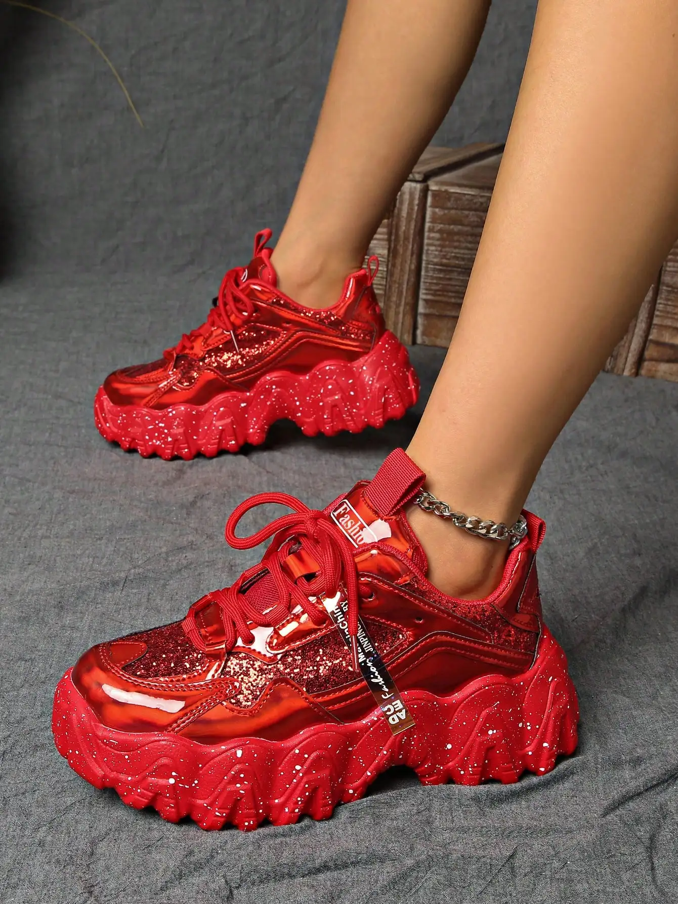 

New Sparkling Splash Design Ladies Chunky Shoes Trendy Wave Sole Daily Footwear