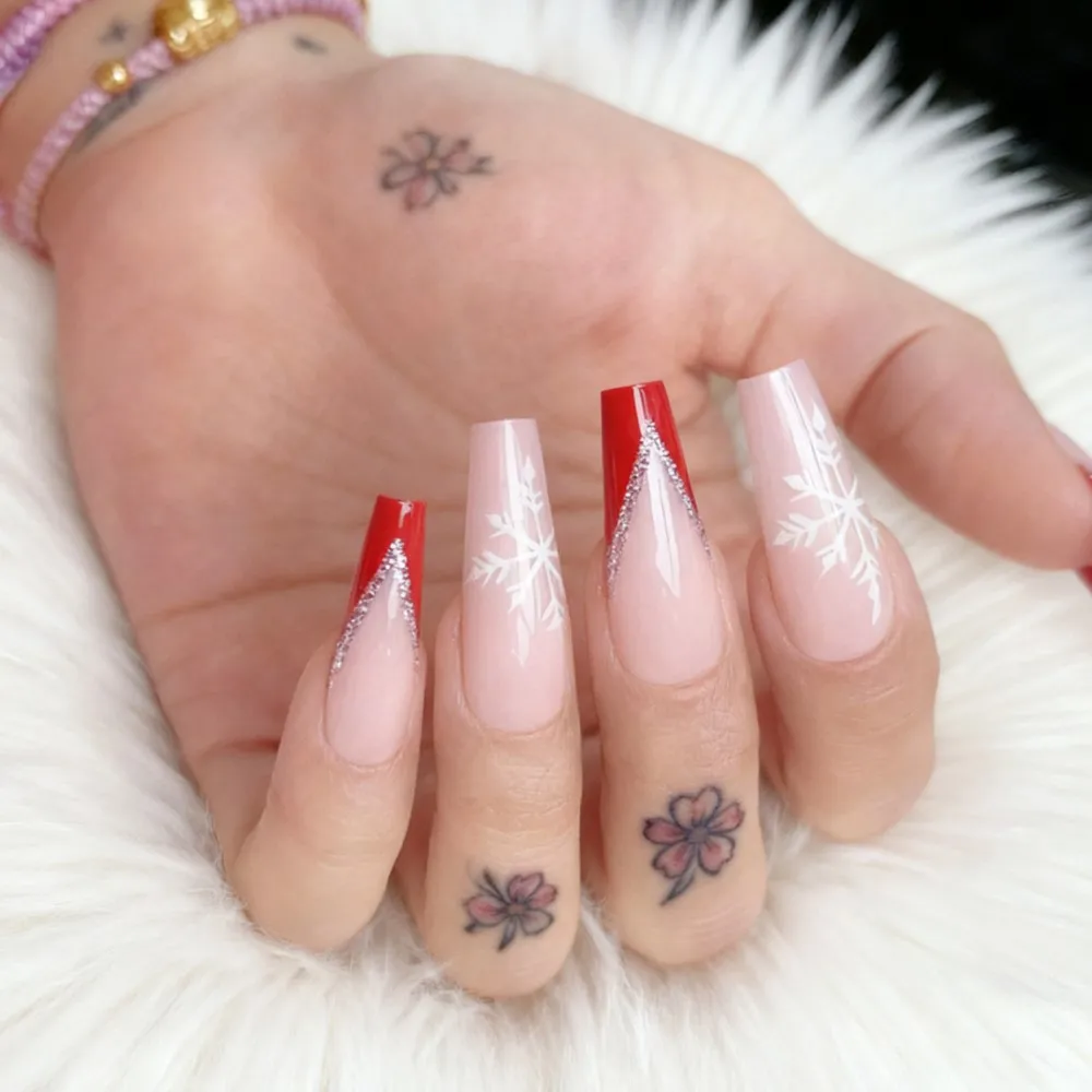 24Pcs Christmas French Faux Ongles Press On Fake Nail With Adhesive Woman Long Ballerina Coffin False Nail DIY Beauty Fingertips