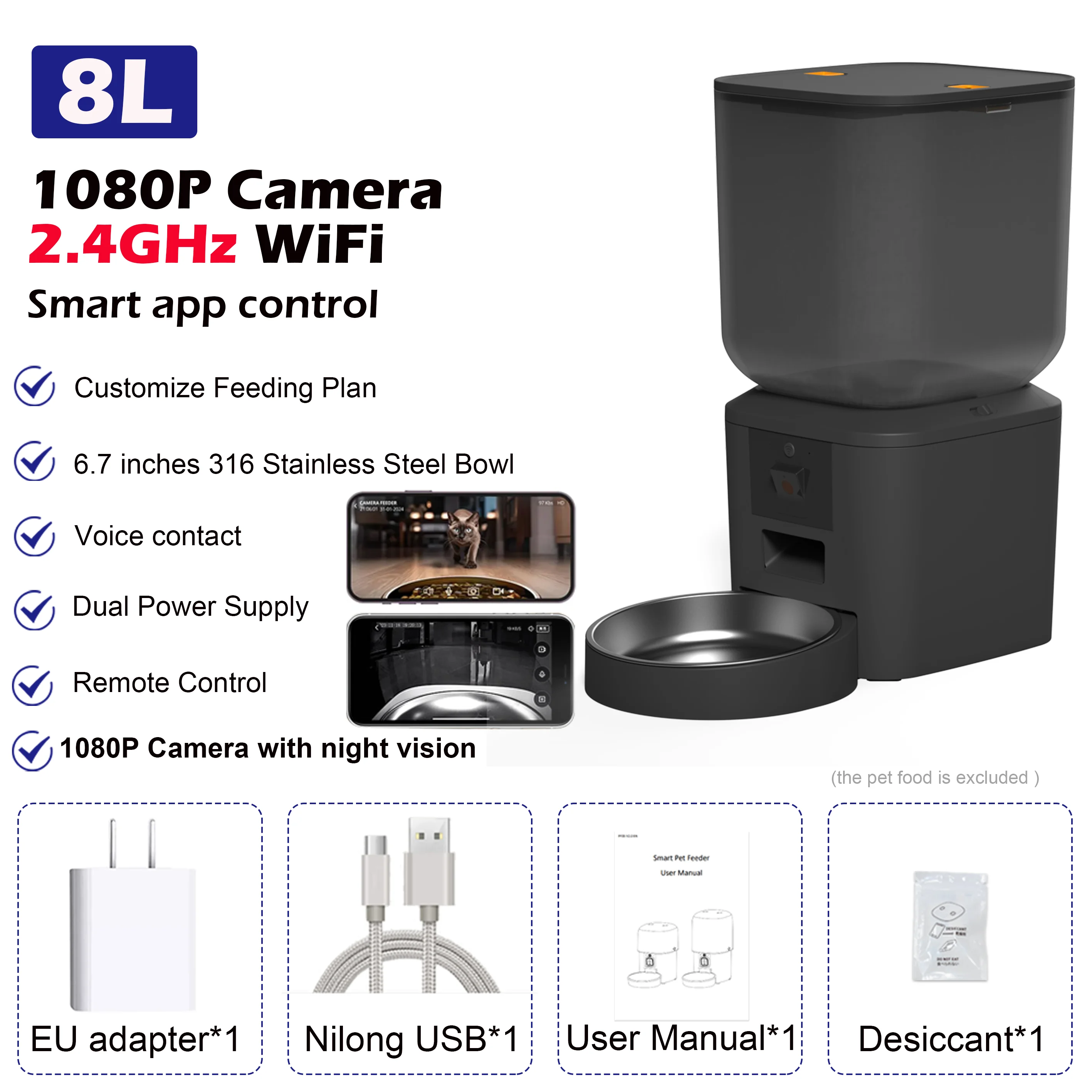 8L Automatische Kat Feeder Met 1080p Camera Video 5G WiFi Kattenvoer Dispenser Huisdier Smart Voice recorder Tuya APP Huisdier Auto Feeder