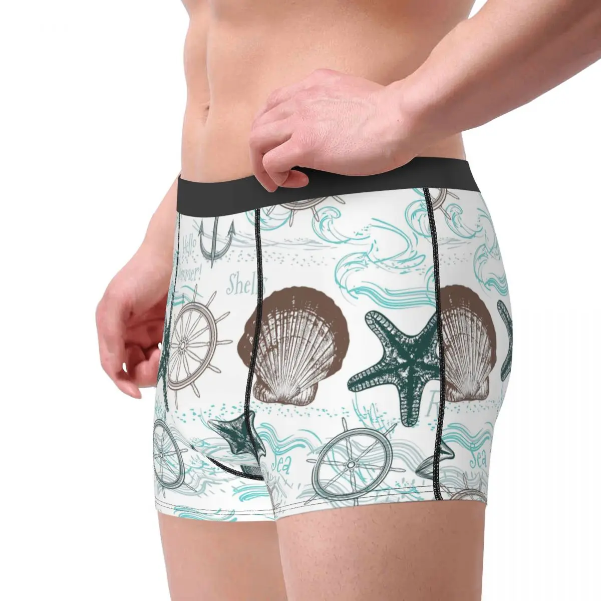 Sea Shells Pattern Men Underwear Naval Anchor Boxer Shorts Panties Novelty Polyester Underpants for Male