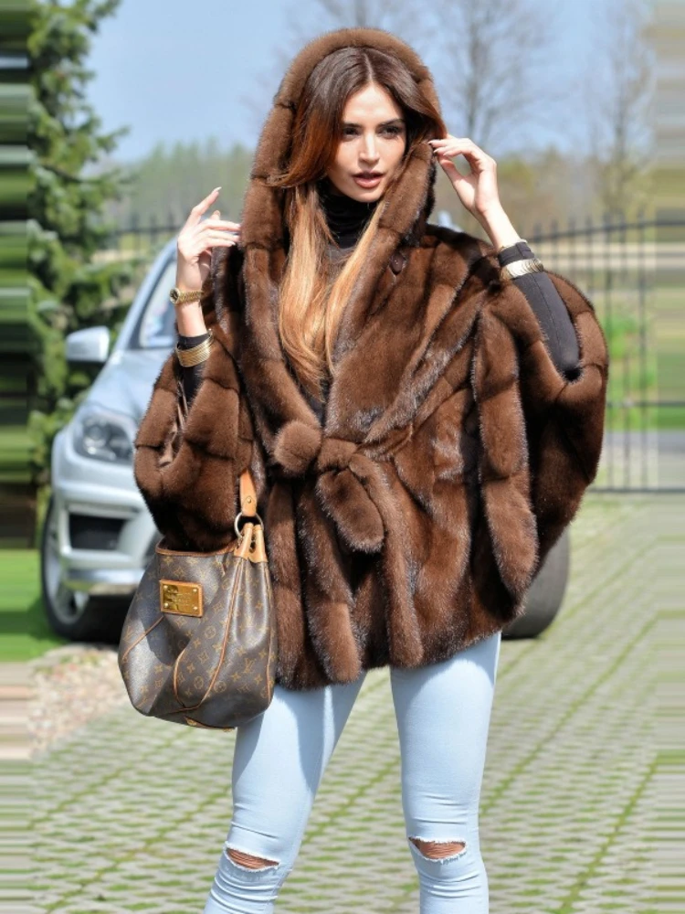 Hooded V-neck Short Faux Fur Coat Belted Furry Faux Mink Jackets Fluffy Stylish Batwing Sleeves Plush Coat Warm Overcoats Luxury