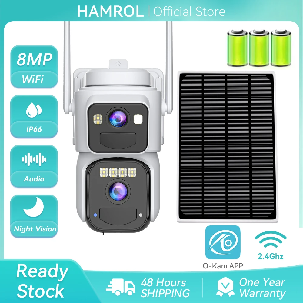 8MP 4K Solar Wireless Cameras Wifi Outdoor Dual Lens Dual Screen Color Night Vision PIR Motion Human Detection Auto Tracking