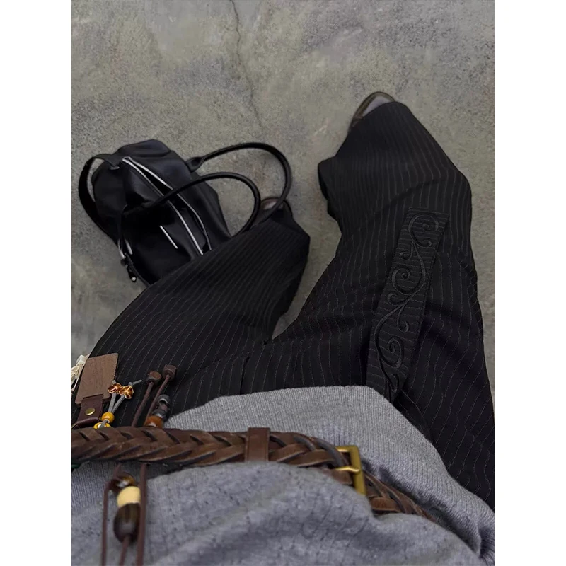 Korean Style Fashion Embroidered Strap Striped Pleated Men's Trousers Casual Hanging Straight Leg Pants 2026 Autumn New