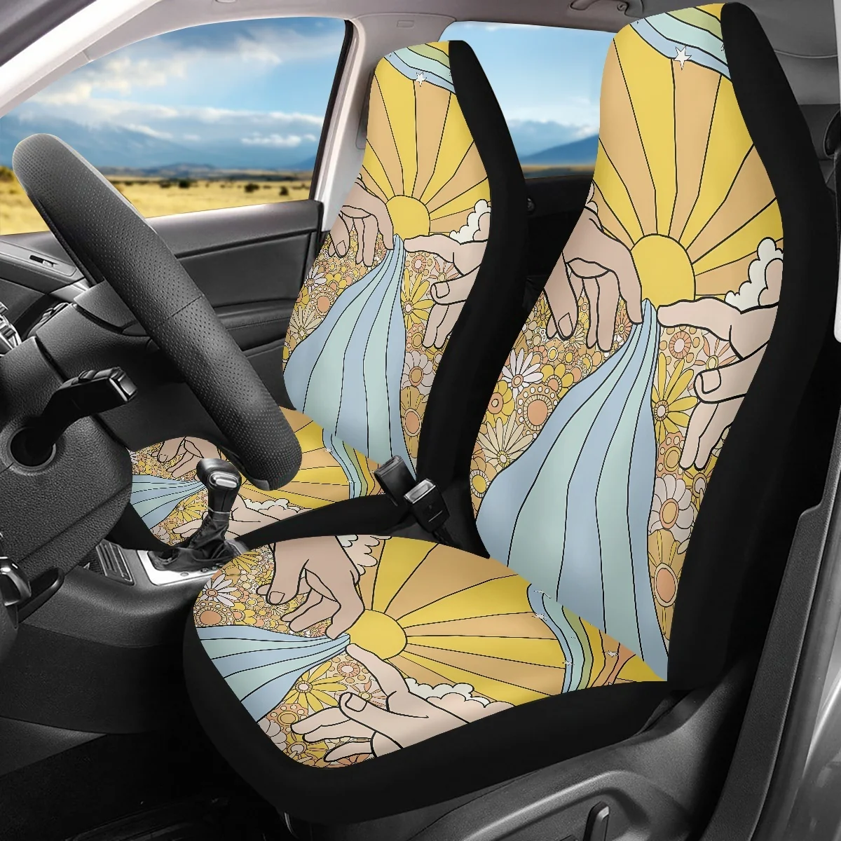 INSTANTARTS Retro Sun 70s Printing Universal Car Seat Cover Protector Interior Accessories Car Seat Mat Easy to Intall 2023 Gift