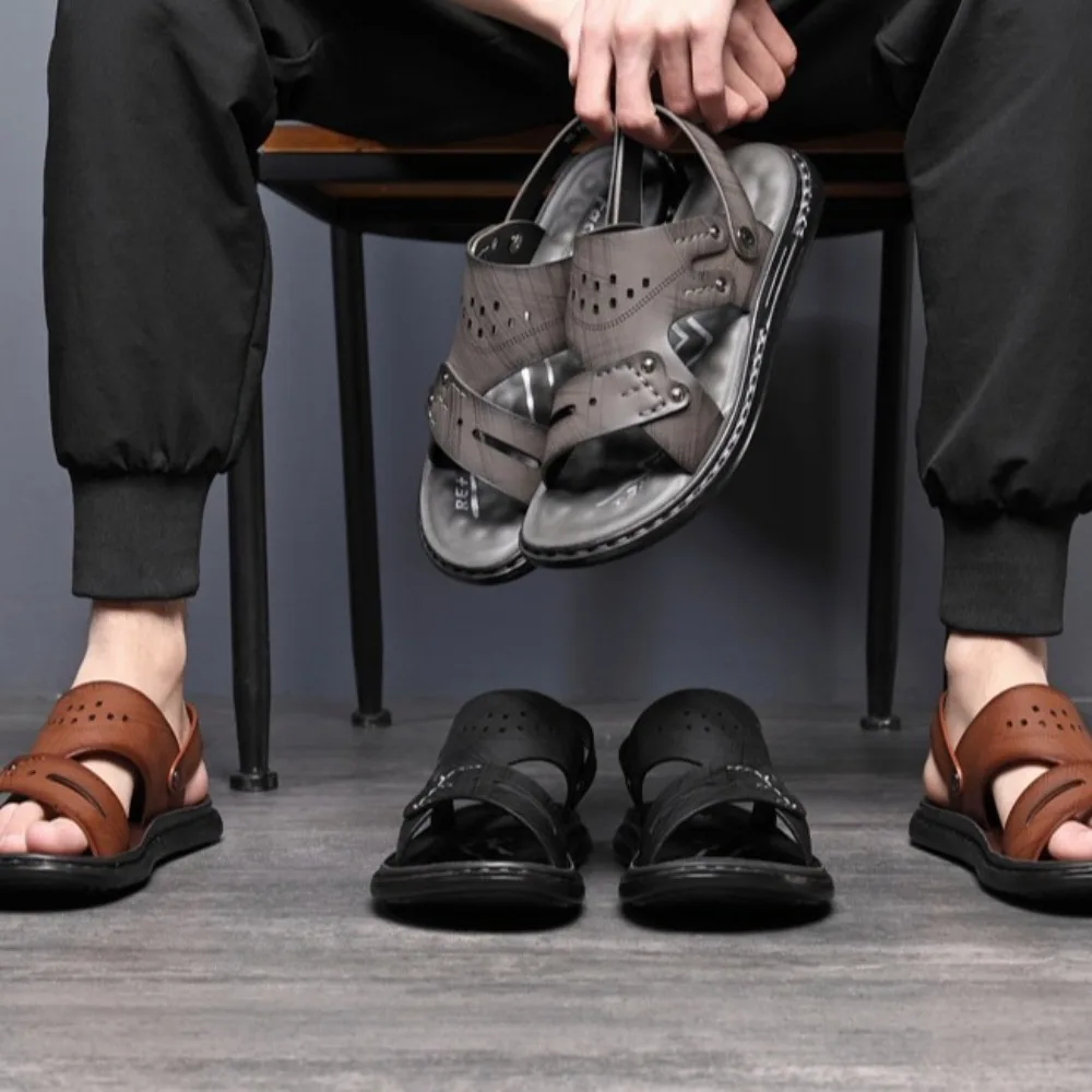 

Casual Latex Insoles Thick Soled Slippers Anti Odor PU Leather Slides Sandals Men Shoes Anti Slip Ankle Buckles Slippers Beach