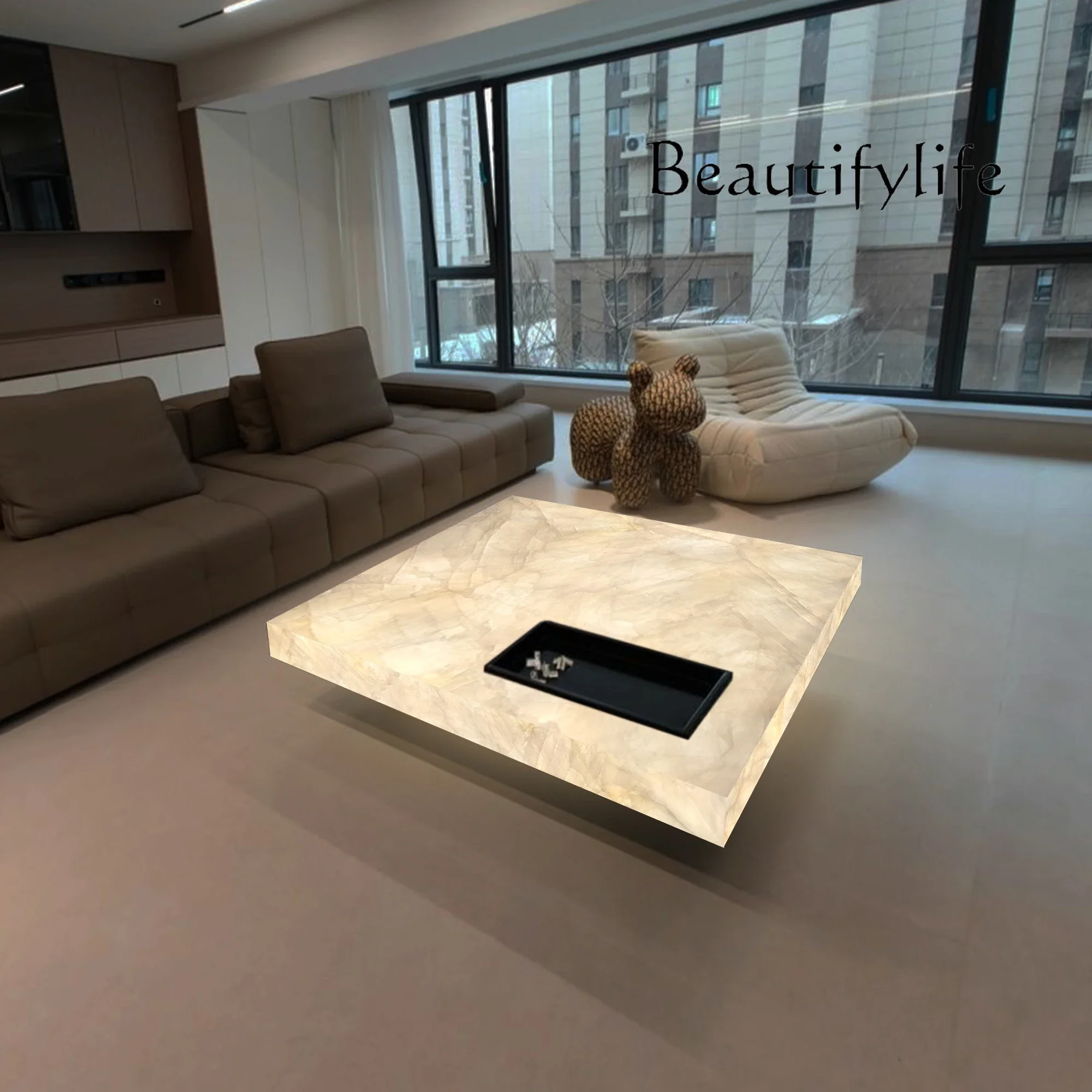 

yj5 Luminous coffee table luxury stone villa living room square marble high-end Venice brown home light luxury minimalist jade