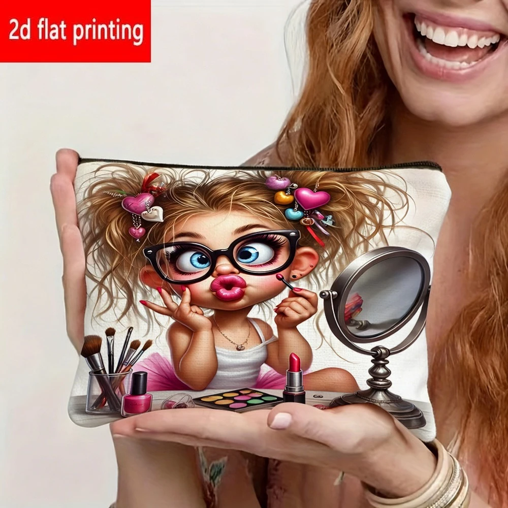 1pc Adorable Cartoon Makeup Bag with Ponytail & Glasses - Double-Sided Suitable for Travel, Camping