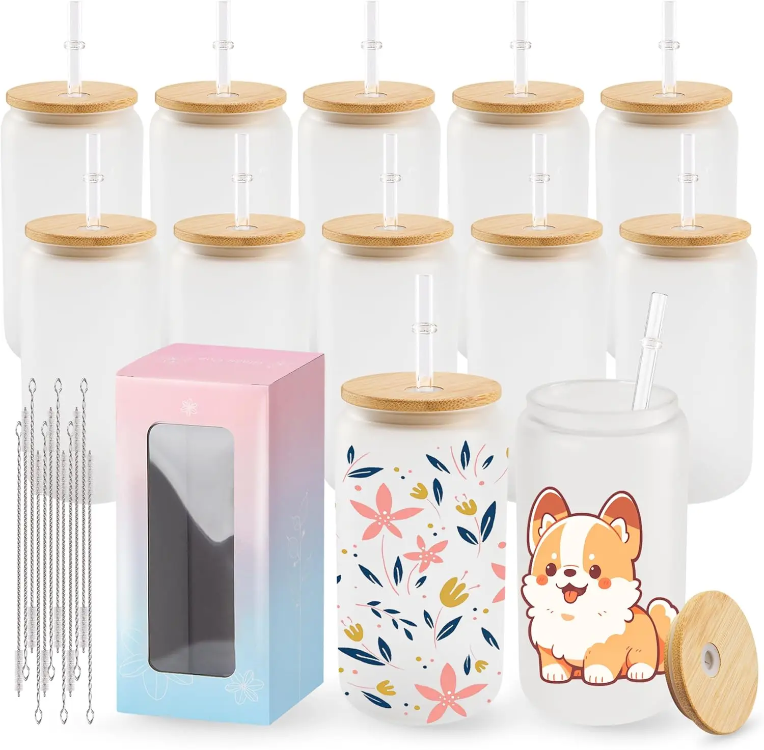 

Набор из 12 матовых стеклянных стаканов для сублимации с крышками и трубочками, 16 унций, оптом