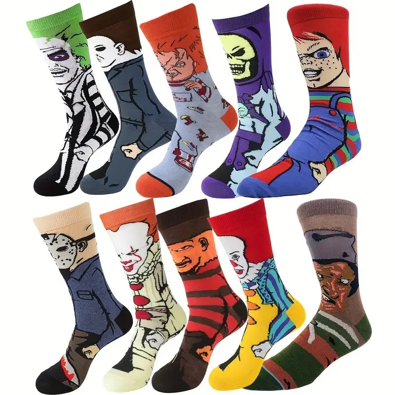 10 pairs Unisex Cartoon Pattern Skateboard Novelty Funny Crew Socks For Men Women