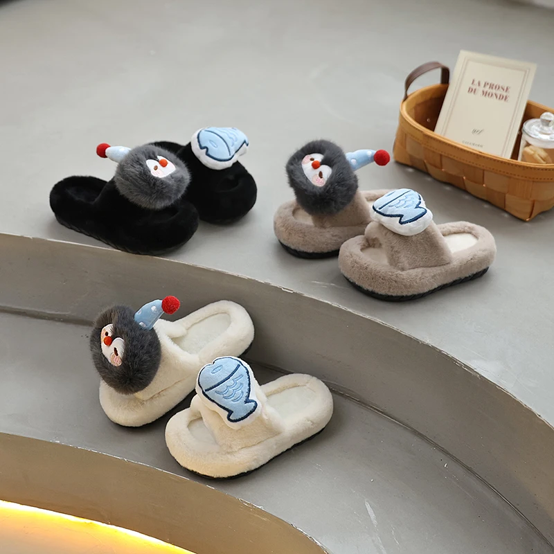 

Children's Fluffy Slippers Women's Winter Fashion Thick Warm Cotton Slippers Solid Color New Style Women Slippers Kids Shoes
