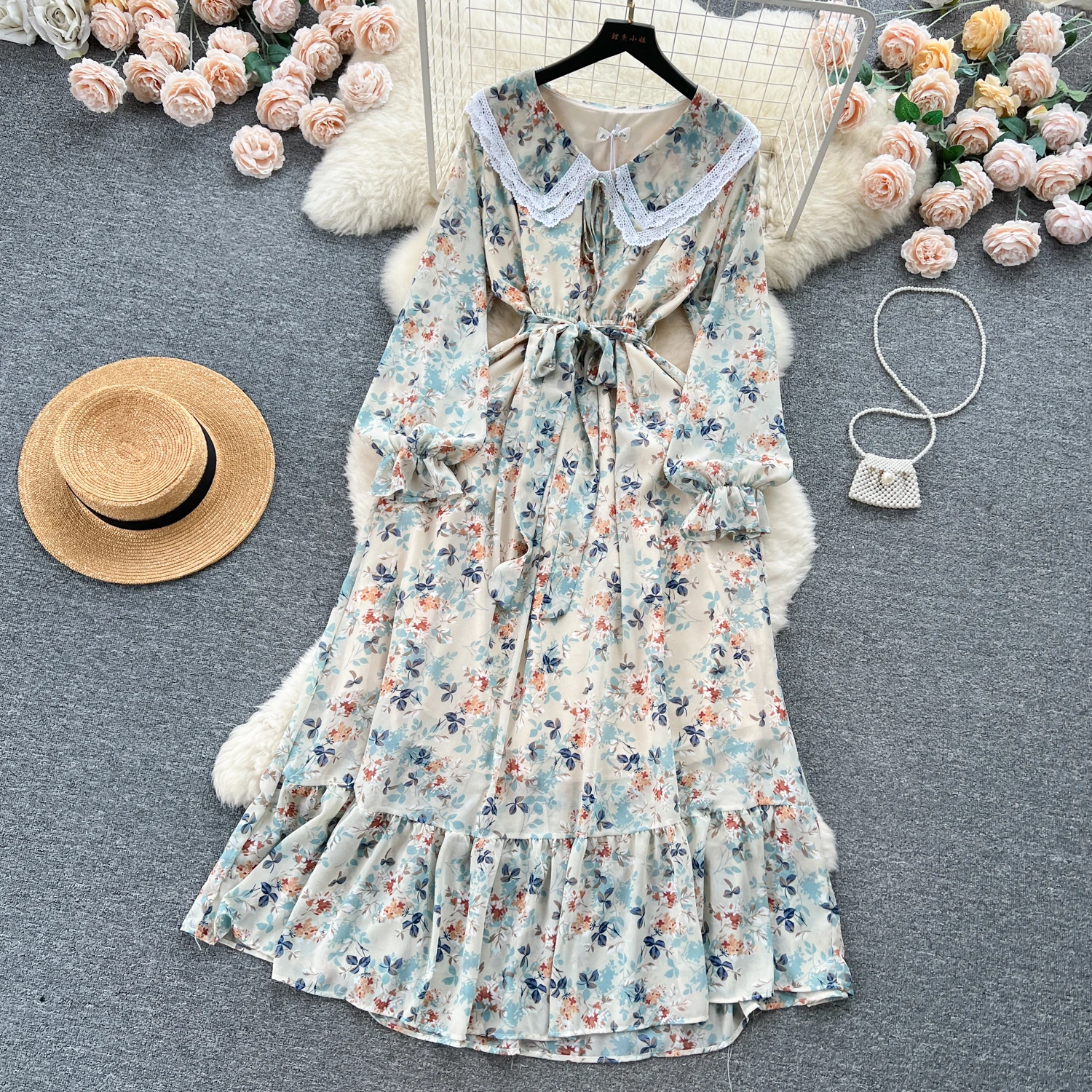 French Vintage Peter pan Collar Puff Sleeve floral sweet Dress Chic Elegant Vestidos Summer Fashion A-line pleated Dresses