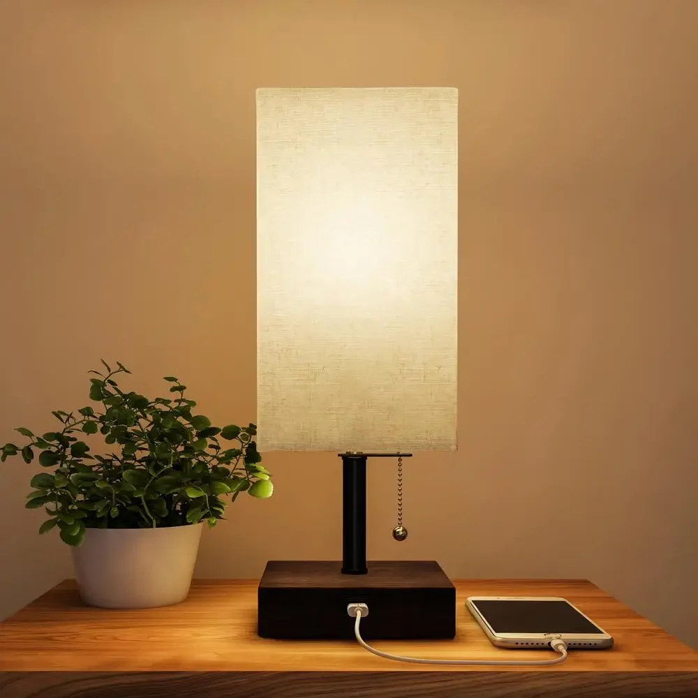 Wood Base LED Desk Lamp with USB Port Energy Efficient Modern Rectangle Lamp Bedroom Living Room Office Includes LED Bulb