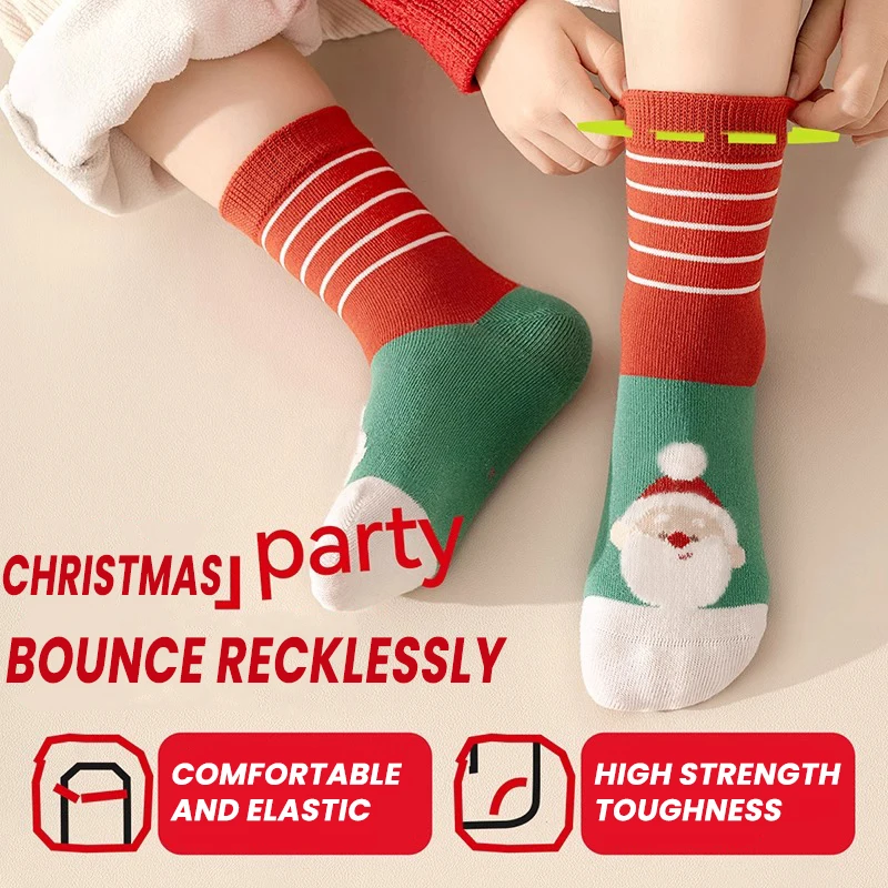 5Pairs 1-8Years Junior Stockings Cartoon Reindeer Christmas Gifts Joyful Red Soft and Comfortable High Elasticity Sock Breatha