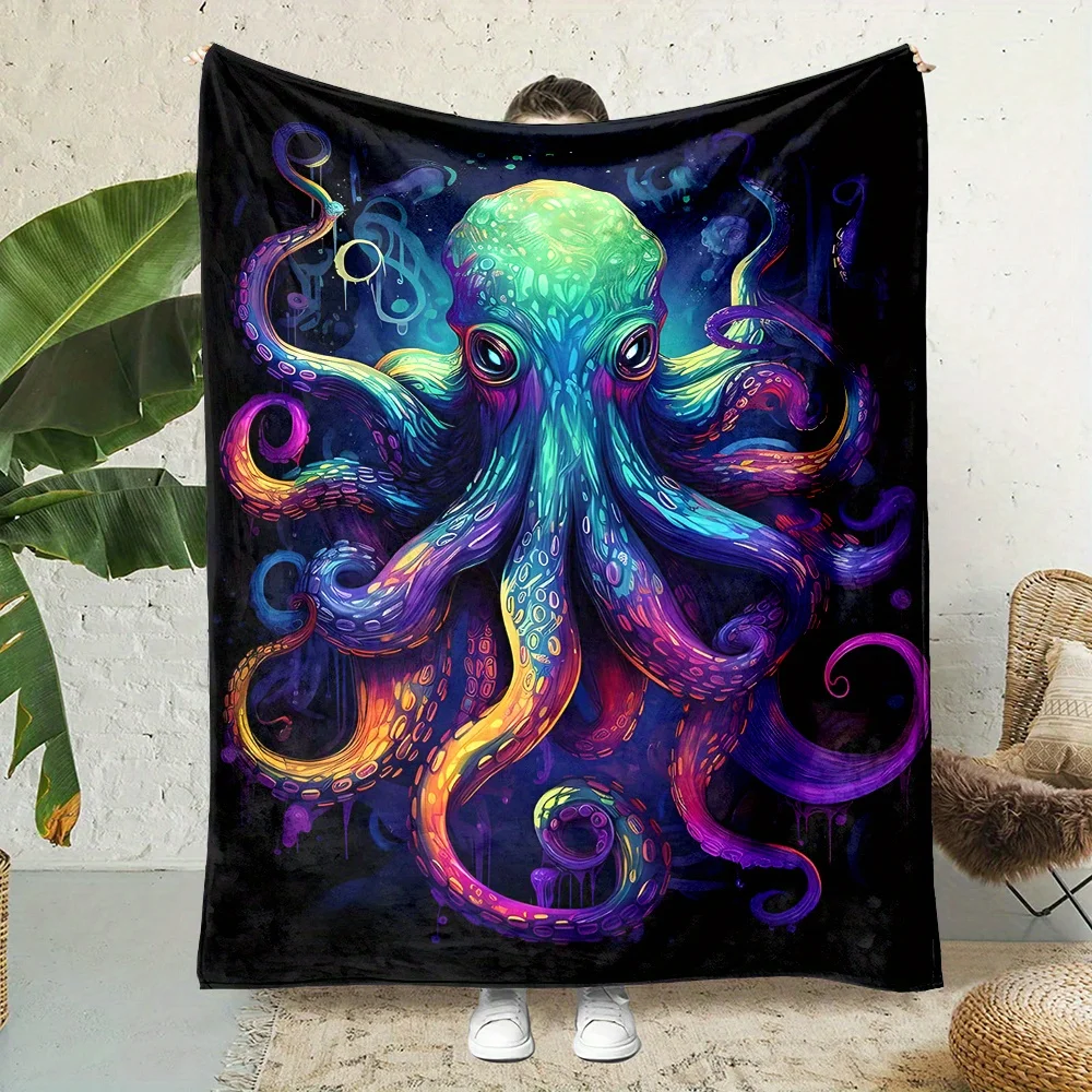 Colorful Octopus Print Flannel Throw – Soft Durable Reversible – Digital Print Non-Woven Fabric – All-Season Blanket for Bed