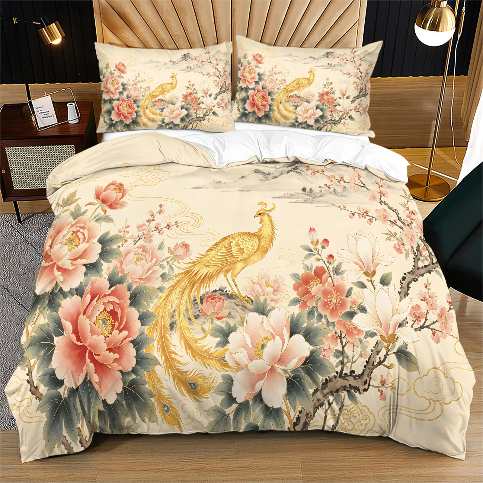 Chinese Style Golden Peacock Peony Floral Duvet Cover Set Vintage Ink Wash Landscape Bedding Set Soft Polyester Quilt Cover