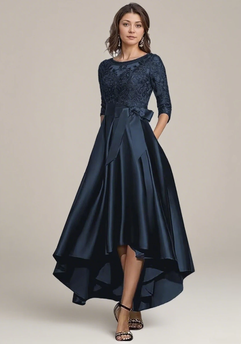 

Scoop Neck Satin Mother of The Bride Dresses 3/4 Sleeve Sequin Laces Mother of Groom Dresses with Bow