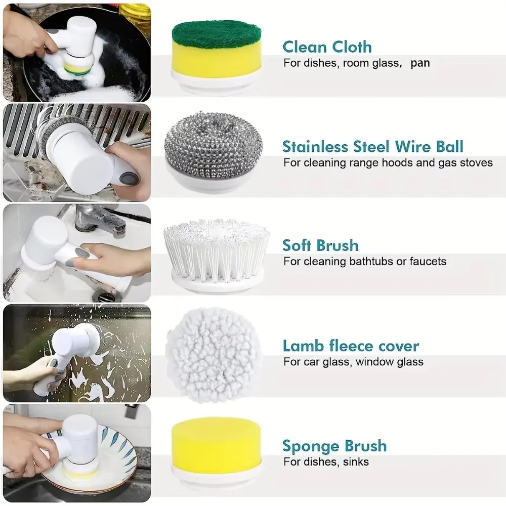 Electric Spin Scrubber With 5 Replaceable Brush Head Power Electric Cleaning Brush Handheld Rechargeable Shower Scrubber