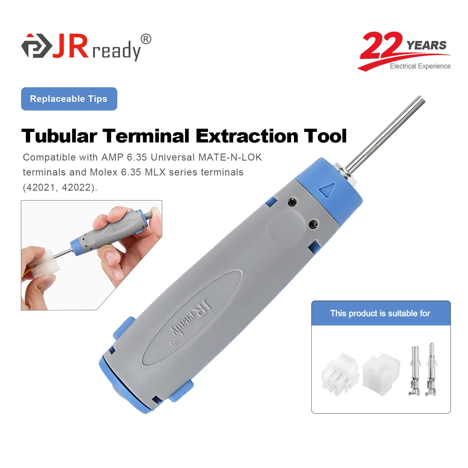 Herramienta de Extracción de Pines JRready JRconDRK-T280320 Tipo Tubo Redondo para Terminales AMP 6.35 Universal MATE-N-LOK; Molex 6.35 Serie MLX