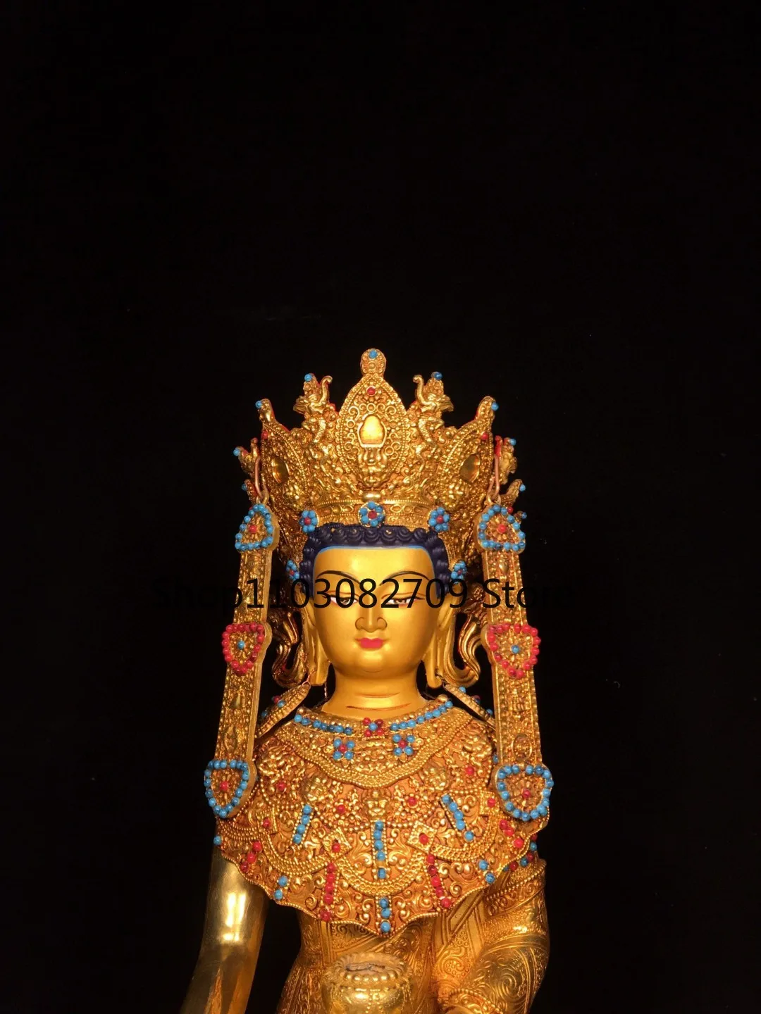 Tibetan brass gilt painted face drawing consciousness inlaid with gemstones Tara Guanyin statue ornament Home Buddhist Hall supp