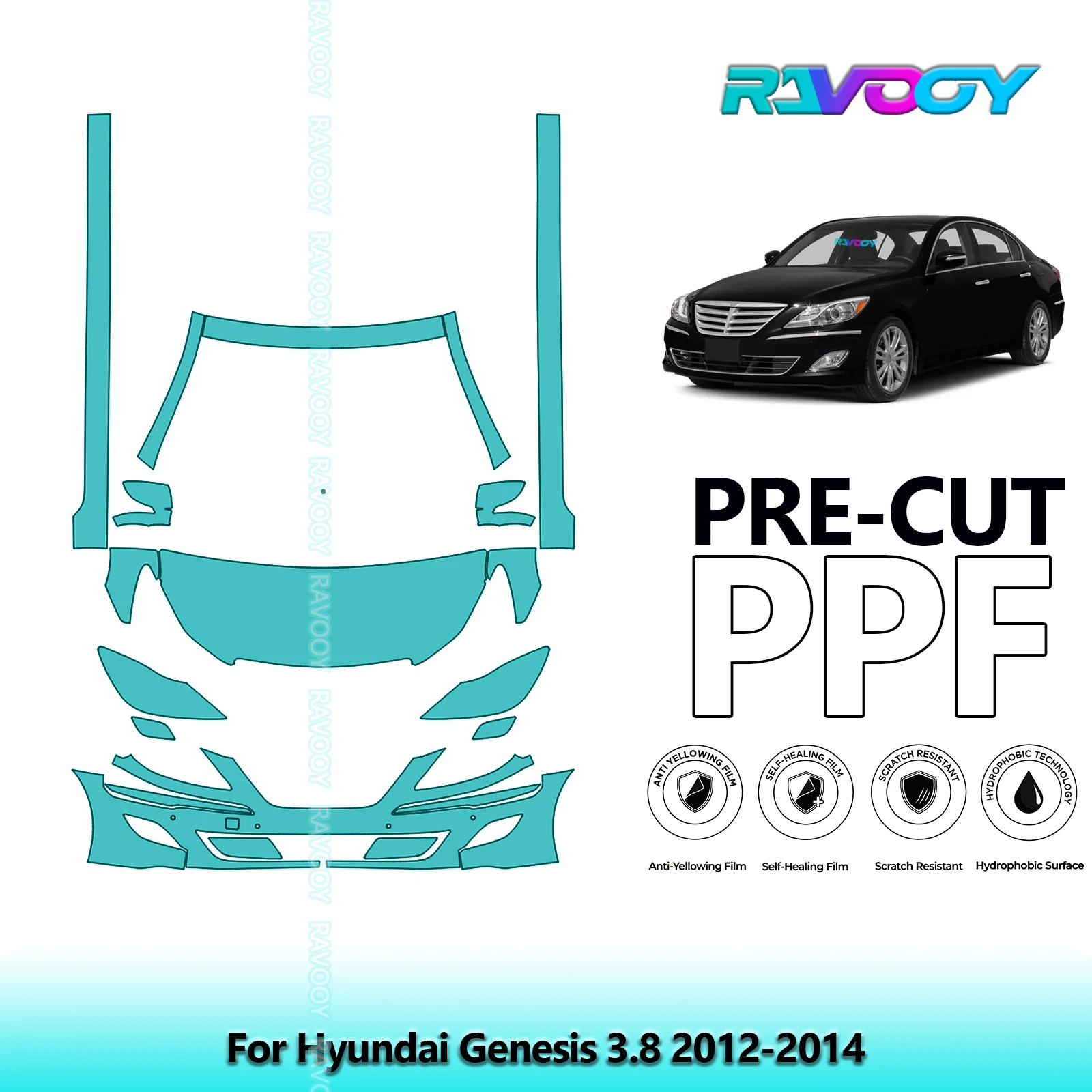 

8.5Mil Precut Paint Protection Film PPF Clear Bra Front Kit+Rockers For Hyundai Genesis 3.8 2012-2014