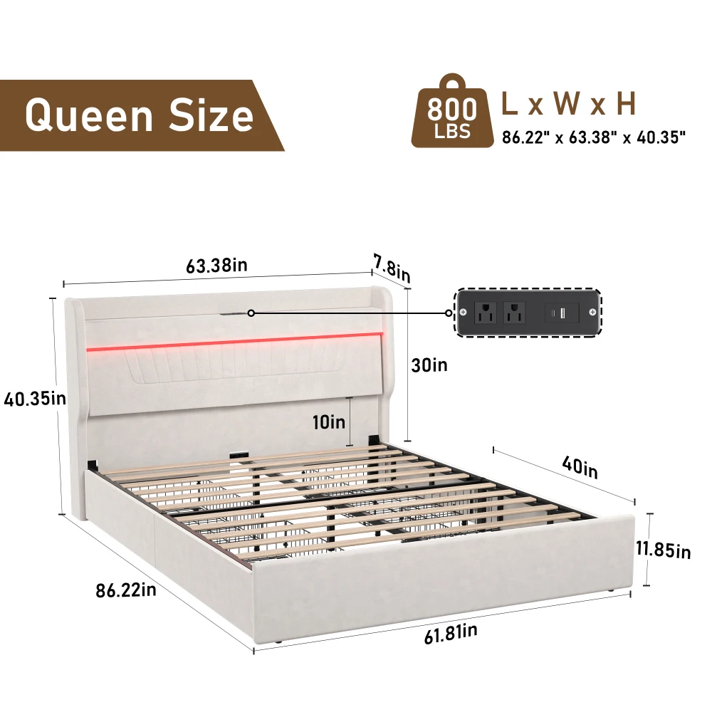 Estrutura de cama queen com cabeceira estofada de armazenamento e 4 gavetas, luzes LED e estação de carregamento, estável, sem necessidade de molas