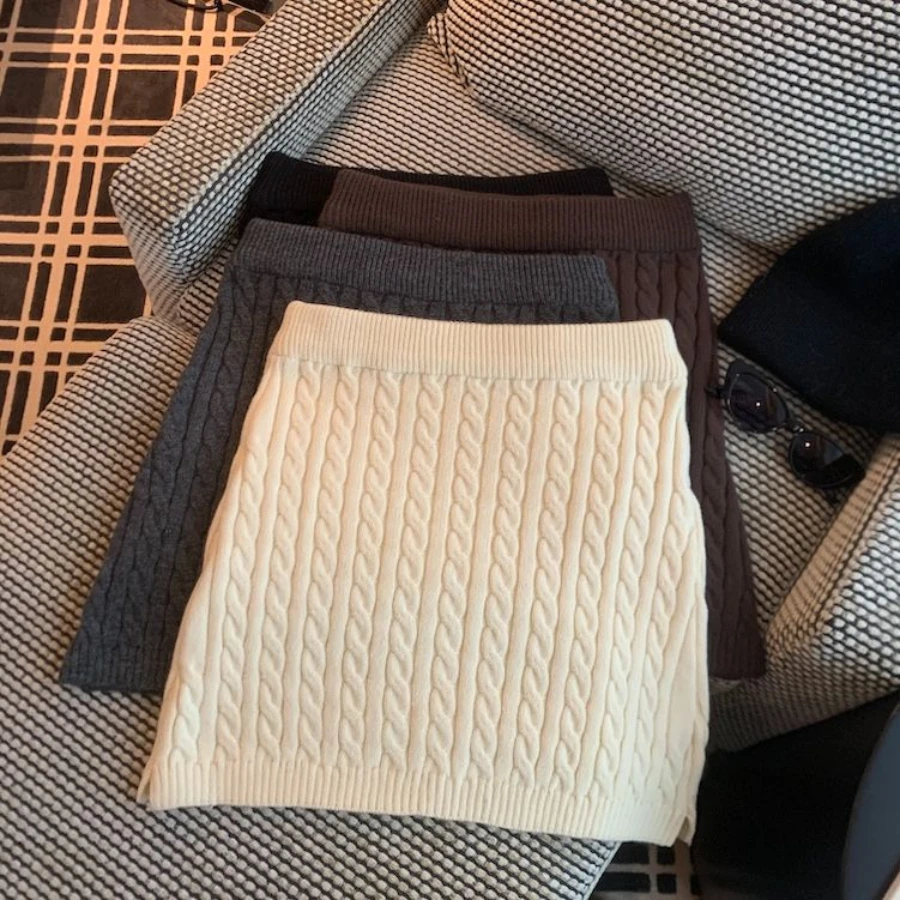 

Юбка А-силуэта с высокой талией в корейском стиле, женская вязаная юбка средней длины, модная и стройнящая, весна-осень, новинка