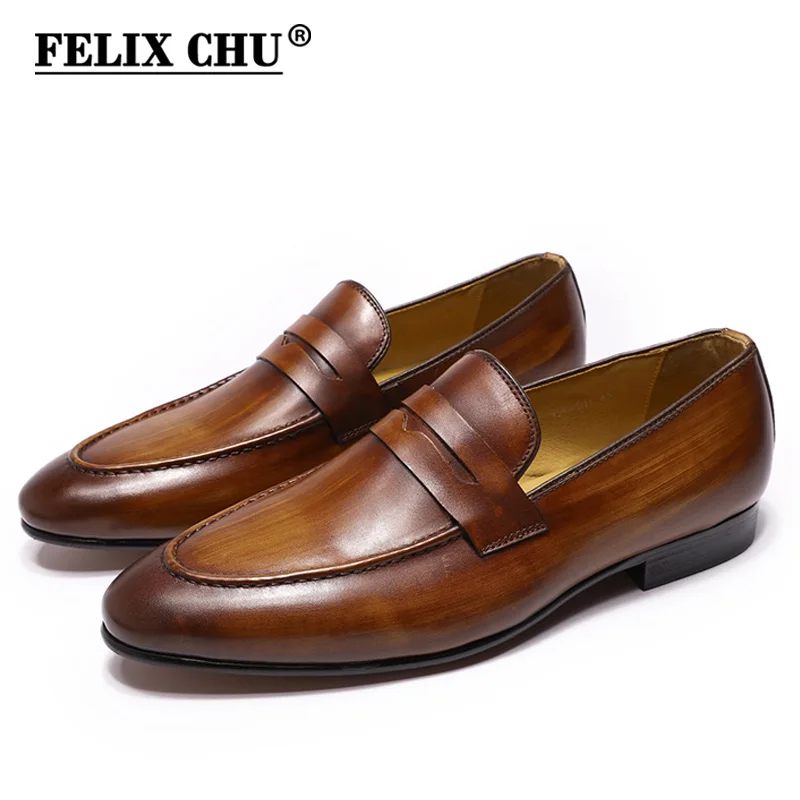 FELIX CHU Mens Penny Loafers Leather Shoes Genuine Leather Elegant Wedding Party Casual Dress Shoes Brown Black Shoes for Men