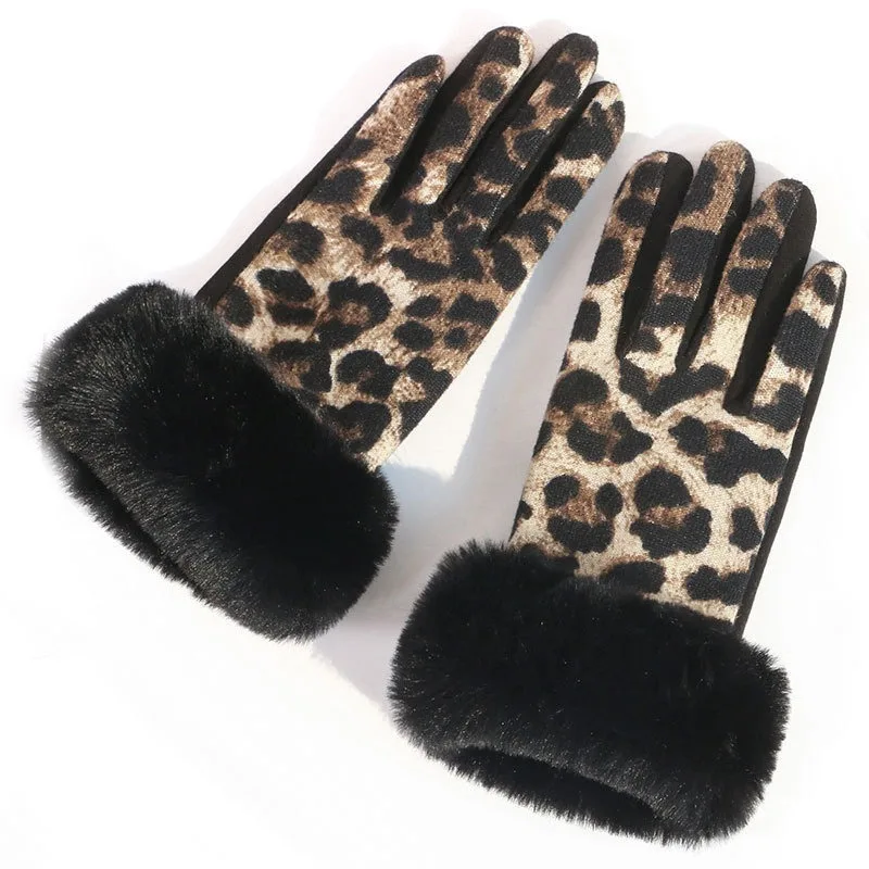 Winter Womens Touch Screen Gloves Fashion Warm Soft Imitation Rabbit Hair Leopard Print Design for Outdoor Driving Cycling