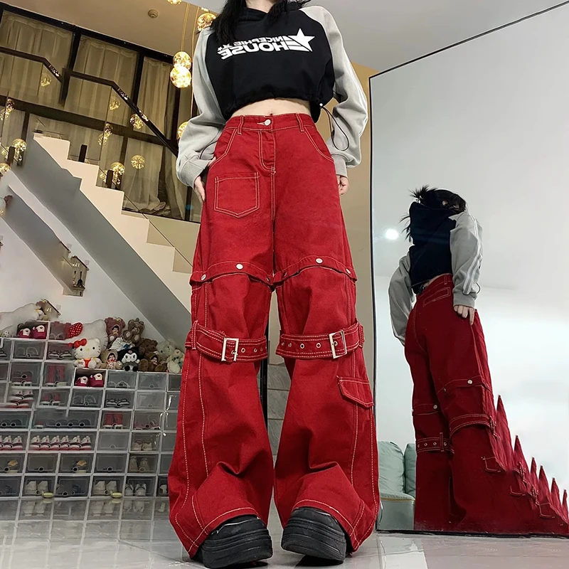 Vintage Red Splice Removable Y2k Baggy Jeans Women Aemican Style Streetwear Lacing Button Trousers Wide Leg Women\'s Denim Pants