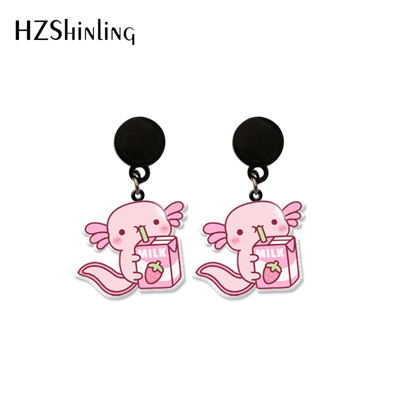 2023 New Arrival Fashion Animals Cute Cartoon Axolotl Eating Noodles Drinking Handmade Acrylic Epoxy Drop Dangle Earrings