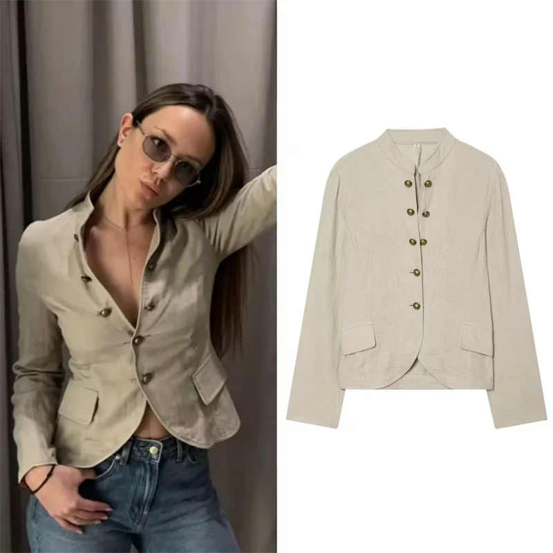 

2026 Summer New Style Women's Jacket Khaki Long Sleeve Button-Decorated Slim Simple Jacket Fashionable and Stylish