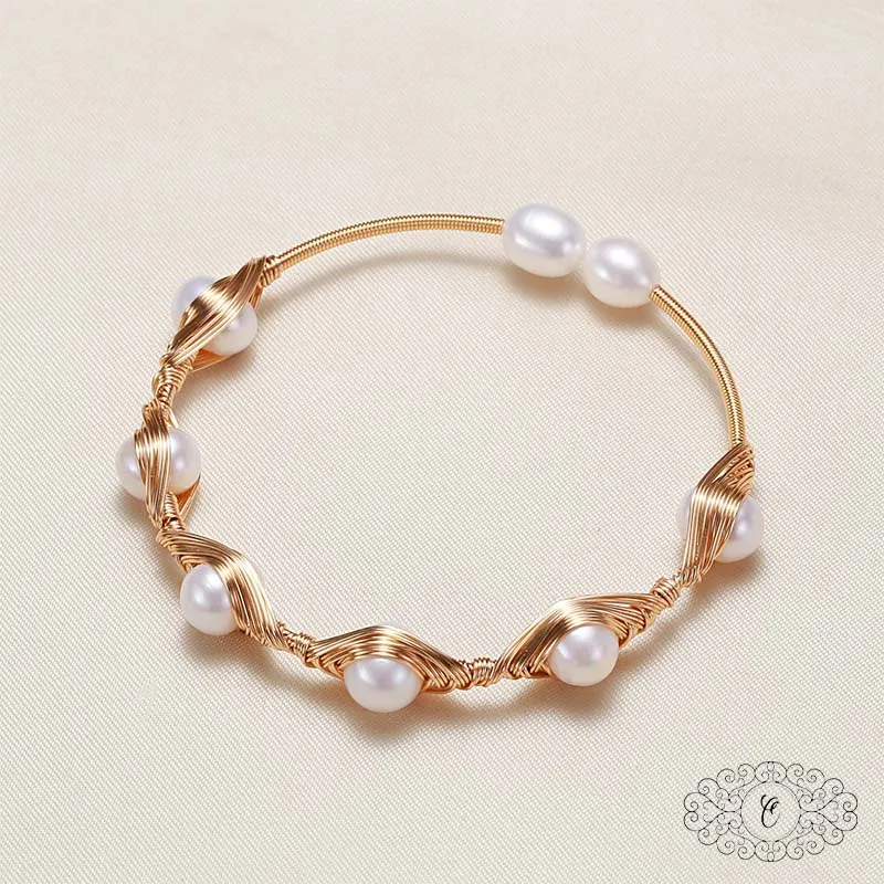 

Timeless Elegant Pearl Wave Bangle, Hand-Wrapped Adjustable Bracelet, Perfect Wedding Anniversary Gift