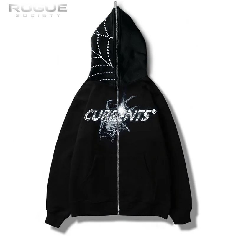 

High Street Harajuku Gothic Streetwear Rhinestone Print Men Hoodie Zip Sweatshirt Black Loose Y2K Grunge Punk Outerwear Unisex