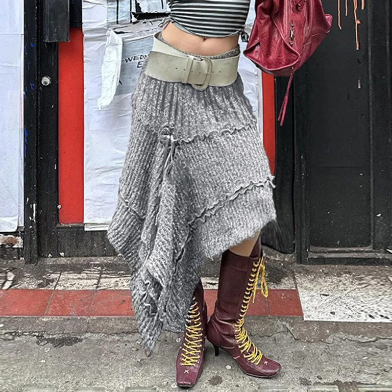 Vintage Gothic Irregular Design Mid Skirt Autumn Winter Aesthetic Female Low Waist Solid Skirt Streetwear 2000s Clothes