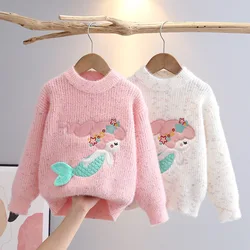 Children Clothing Fall Winter Girls Fashion Thickened Knitted Pullover Sweater for kids Girl Cartoon Mermaid Colored Top HY08181