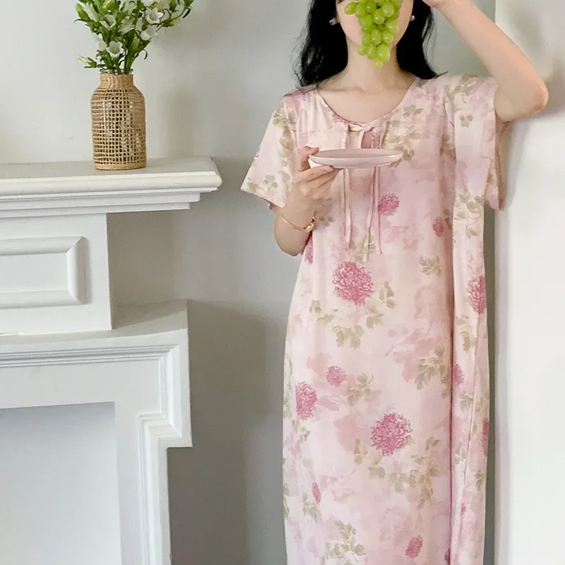 Nightgown Summer Cotton Silk New Thin Home Loose Casual Comfortable Premium  High-quality Affordable Ambiance National Style