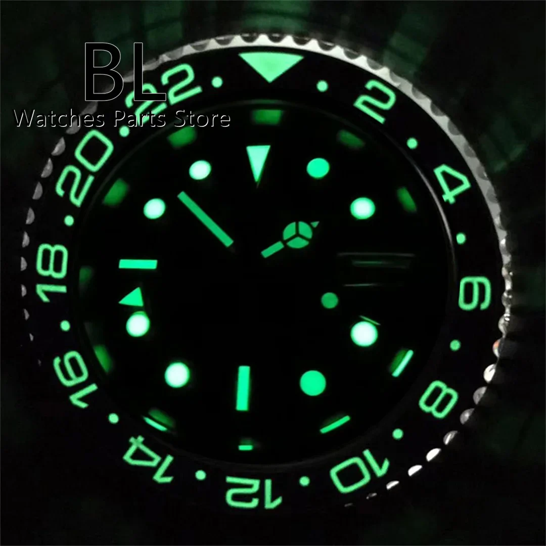 BLIGER Watches For Men 40mm NH34 GMT Gray Meteorite Dial Blue Red Bezel Green Luminous Sappire Glass Stainless Steel Strap Date