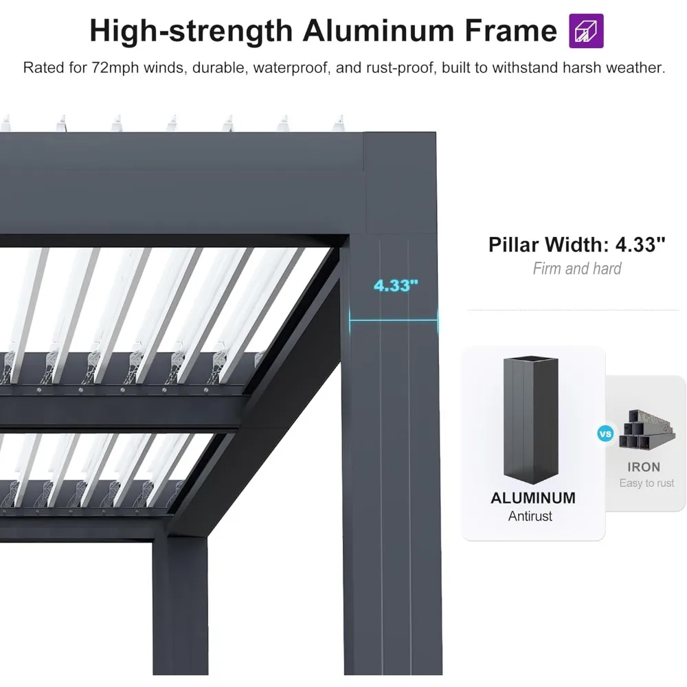 12' X 12' verstelbare lamellenpergola met drainagesysteem Aluminium buitenpergola, dakhardtop tuinhuisje Metalen terraspergola