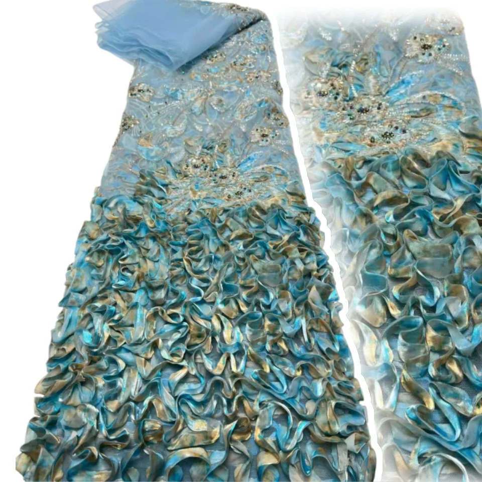 

Африканская французская 3D кружевная ткань 2025 г., высококачественное кружево с вышивкой, нигерийское тюлевое кружево с блестками, 5 ярдов для шитья праздничного платья AH1657